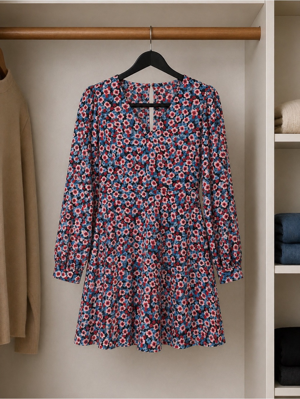 POPSUGAR Floral Mini Dress Long Sleeve Fit & Flare Blue Pink Size M/L